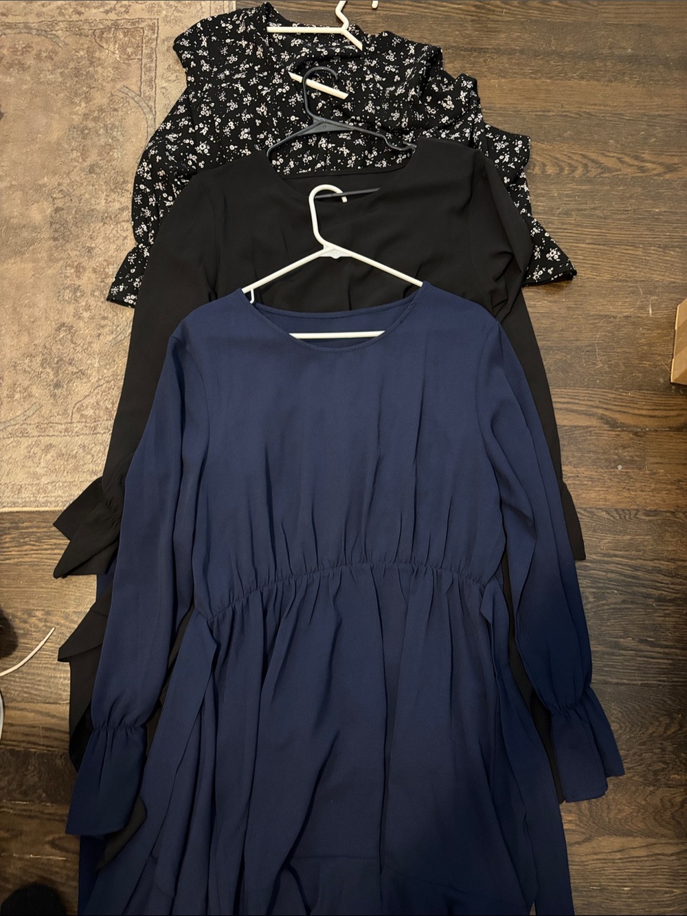 Set of three Amazon Dresses. One navy one black one patterned.